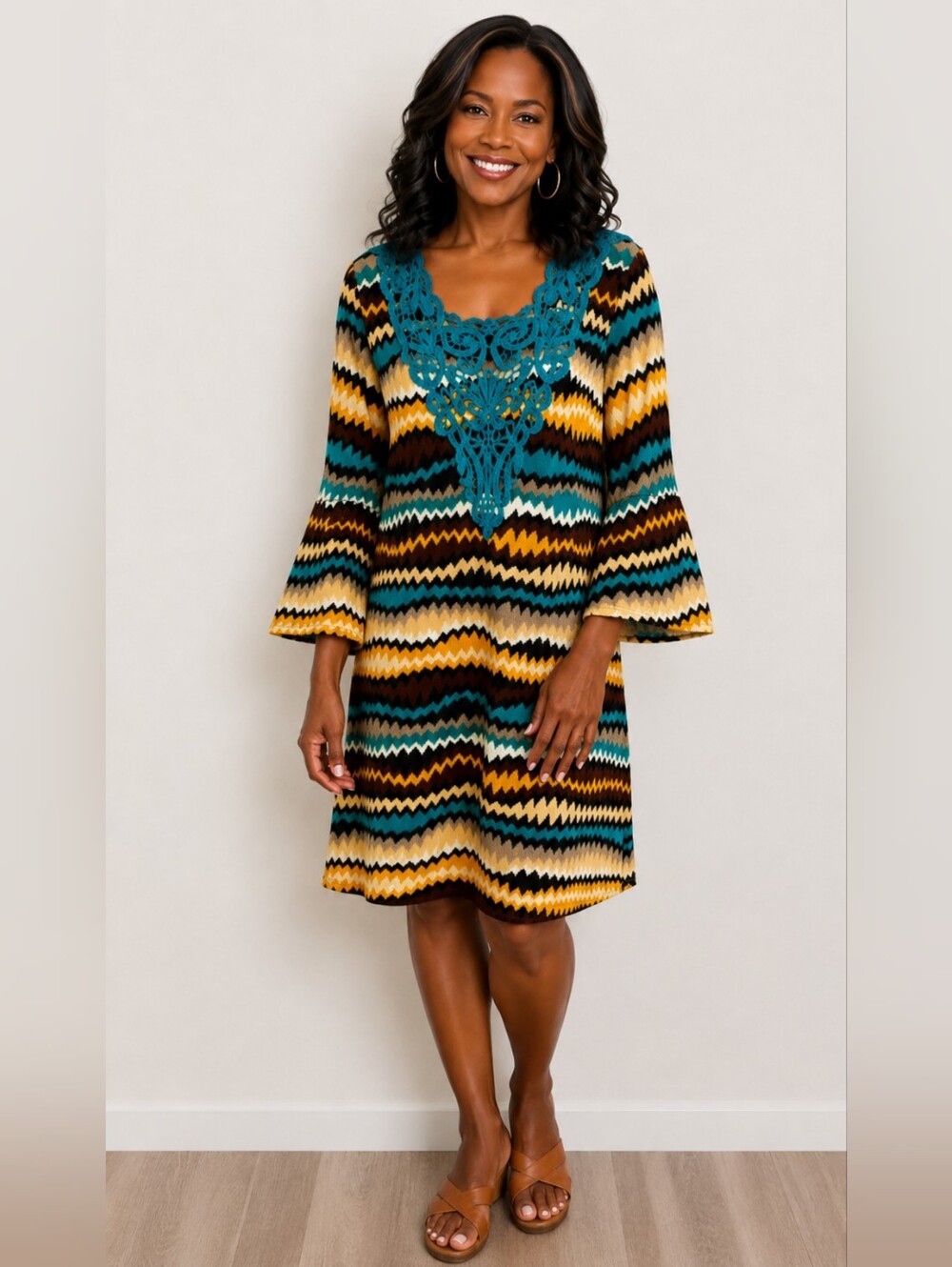 OB2-12  Brown, Gold Zigzag Print Dress-Teal Embroidered Yoke, Bell Sleeves Large